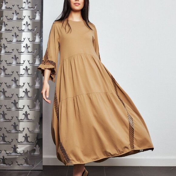 DOROTHEE SCHUMACHER Dresses & Skirts - Dorothee Schumacher Casual Statement Brown Crochet-Trim Tiered Maxi Dress